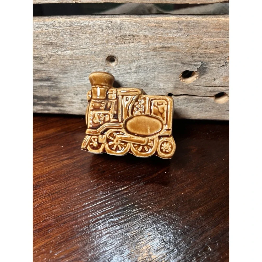 Vintage Train Toothpick Holder Ceramic Japan Collectible Brown Glazed Drip